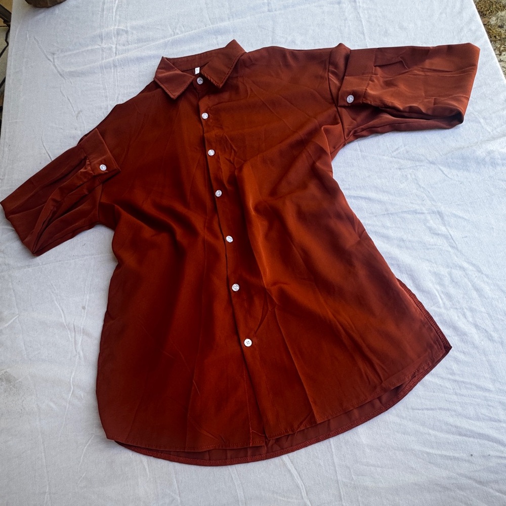 Y2K Cottage Core Short Sleeve Button-Up Shirt in RustXL
